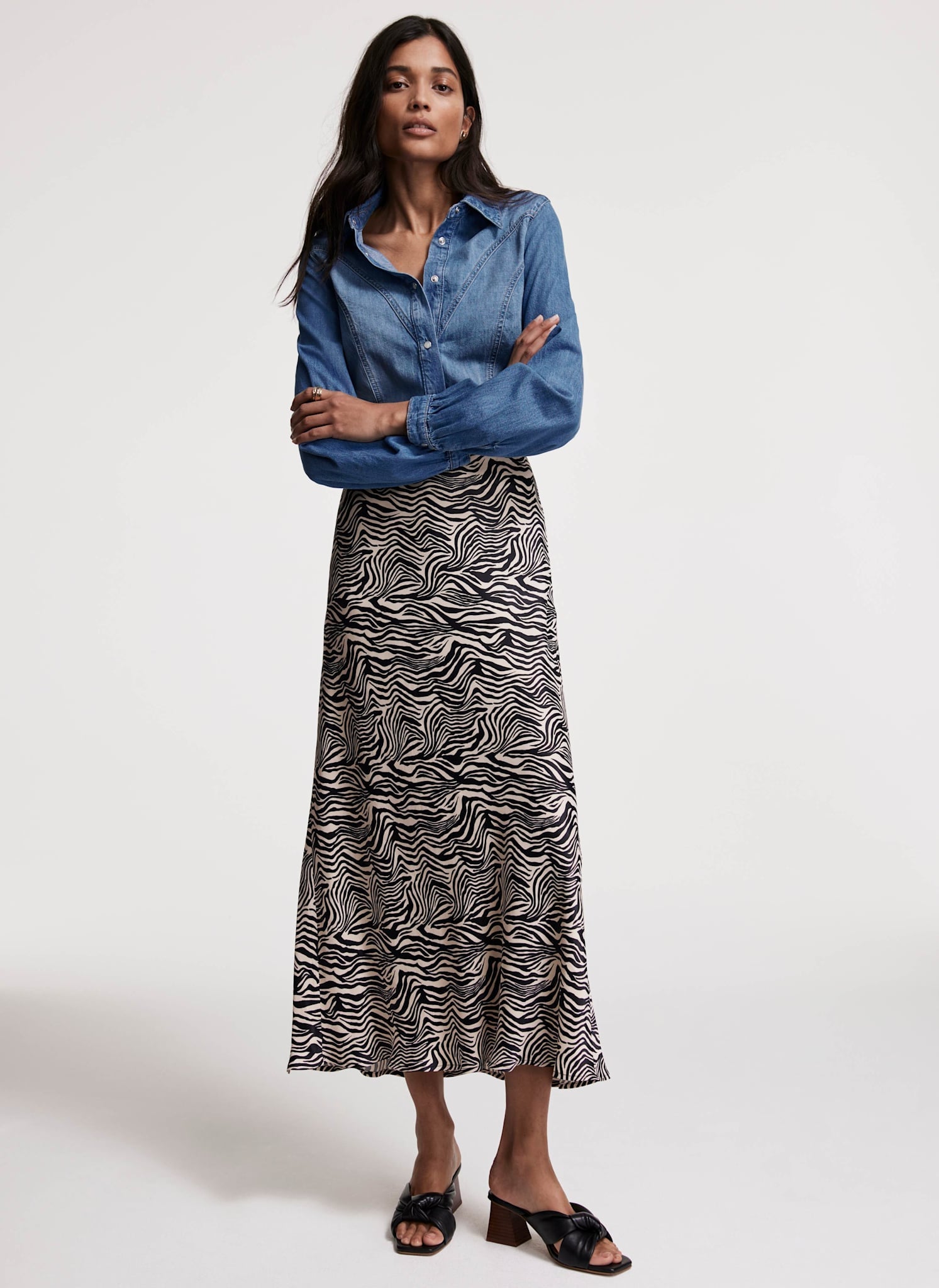 Zebra Print Satin Slip Midi Skirt