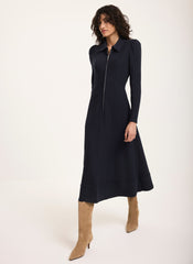 Navy Textured Zip Detail Midi Dress