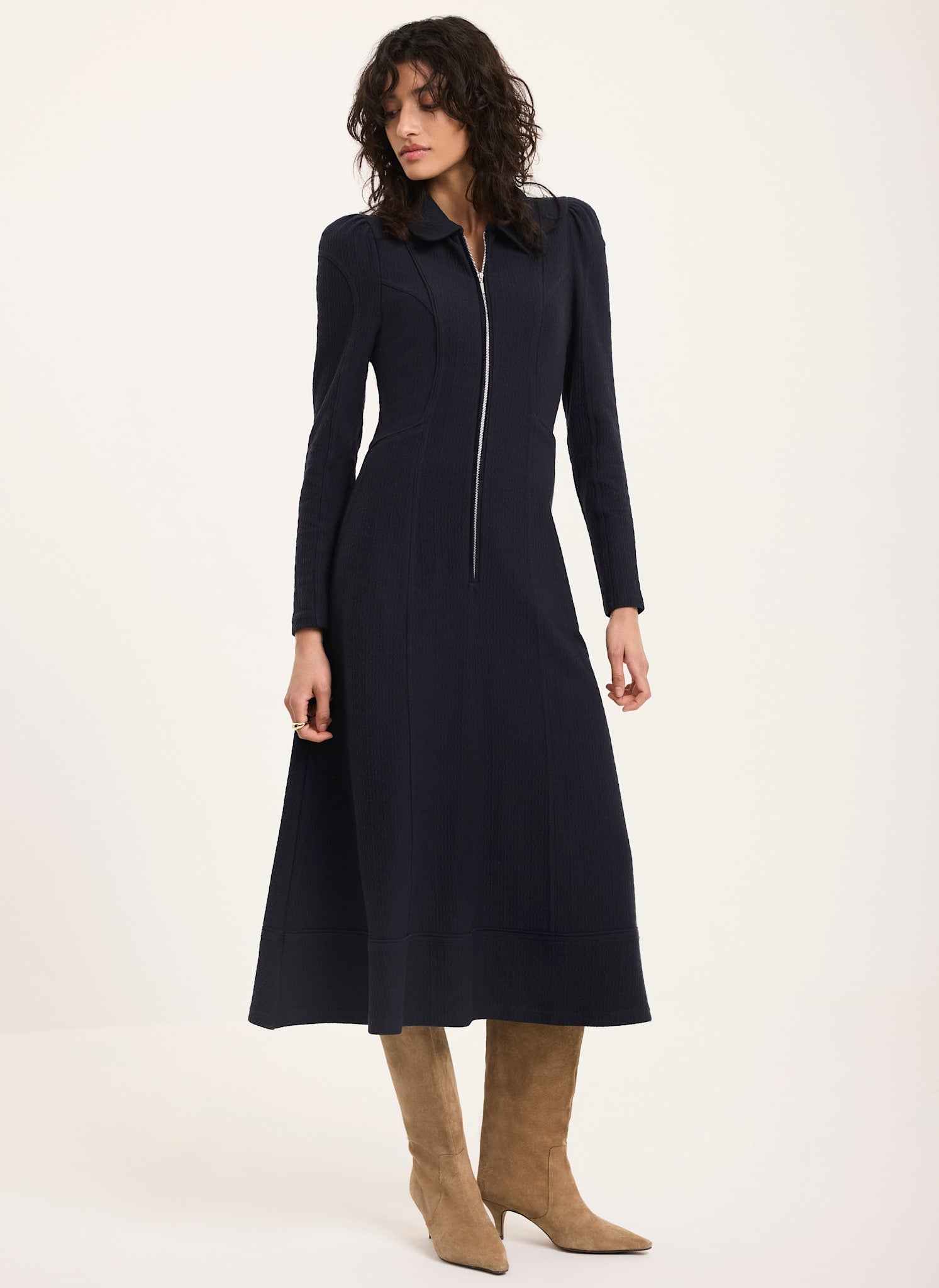 Navy Textured Zip Detail Midi Dress